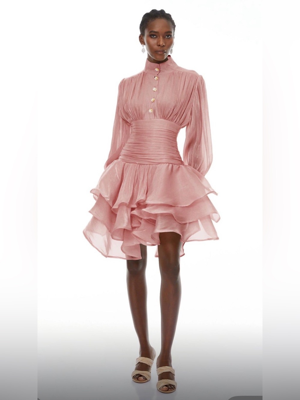 PINK CHAMPAGNE  Shimmery Pink Long-Sleeve Ruffled Mini Dress